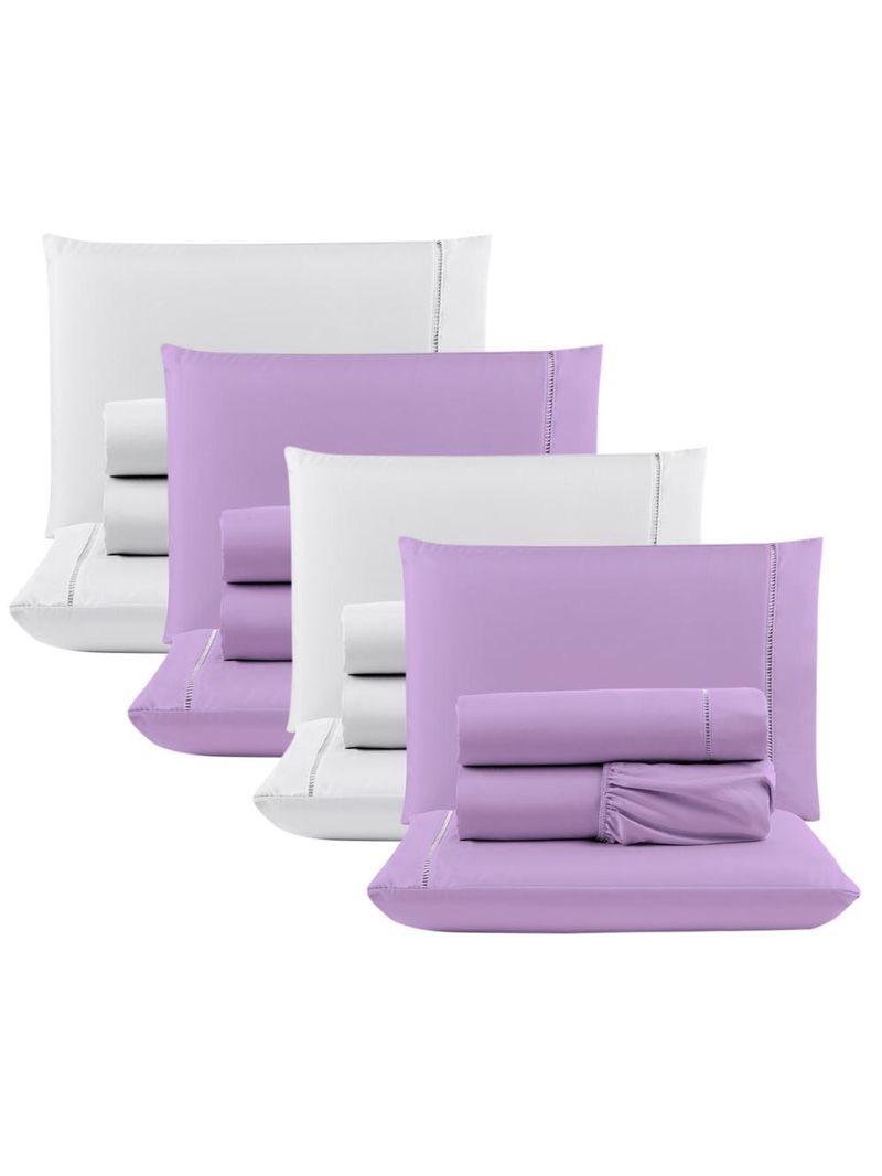 Kit c/ 4 jogos cama lençol unique casal padrão micro percal 400 fios ponto palito 4 peças - lilás + branco