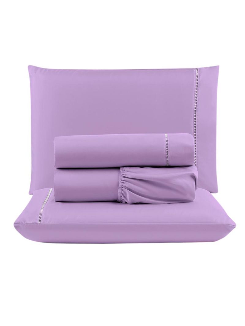 Kit c/ 4 jogos cama lençol unique casal padrão micro percal 400 fios ponto palito 4 peças - lilás + branco