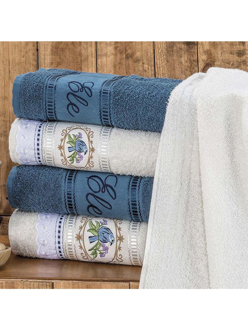 Jogo de toalhas de banho bordado ponto russo pássaros 100% algodão 5 peças - azul