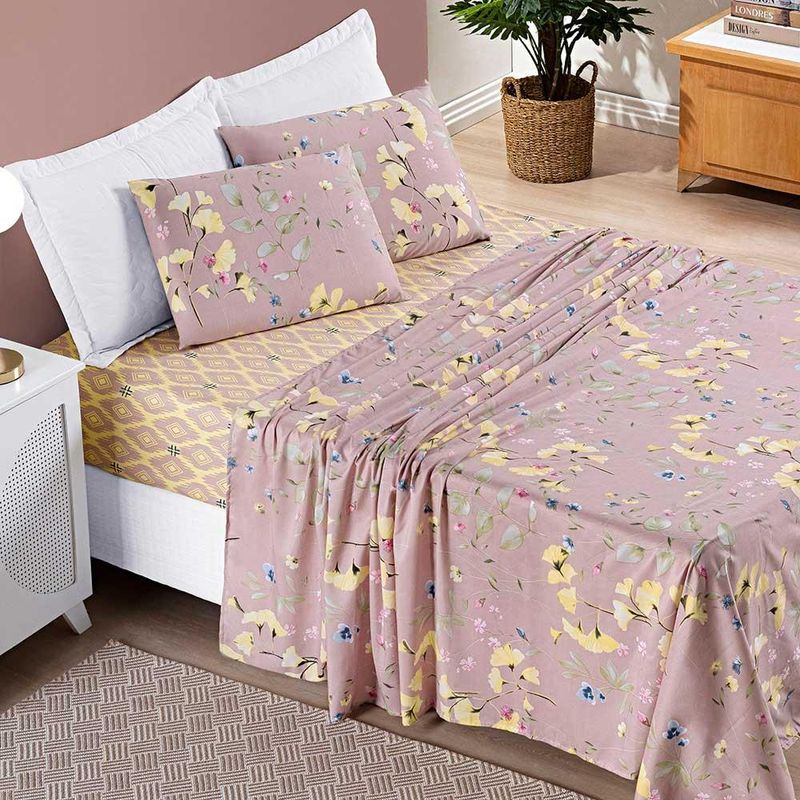 Jogo de cama lençol dallas casal padrão microfibra 4 peças - rosê lavanda floral