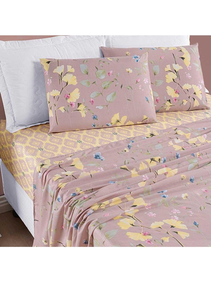 Jogo de cama lençol dallas casal padrão microfibra 4 peças - rosê lavanda floral