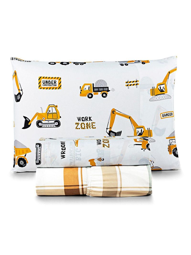 Jogo de cama lençol lutti solteiro infantil 200 fios estampado 3 peças trator caminhão branco
