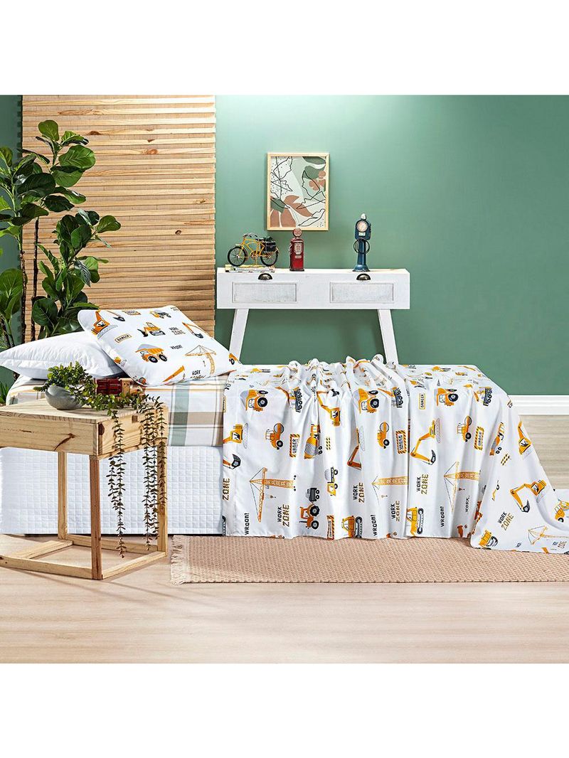 Jogo de cama lençol lutti solteiro infantil 200 fios estampado 3 peças trator caminhão branco