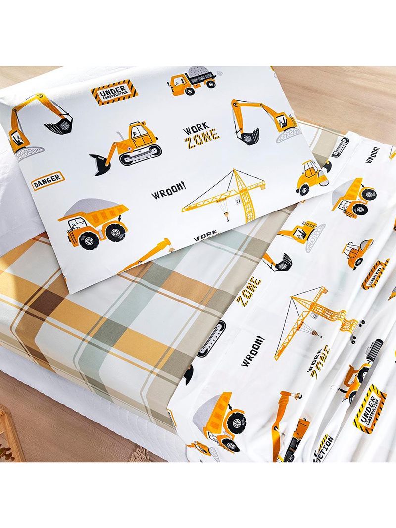 Jogo de cama lençol lutti solteiro infantil 200 fios estampado 3 peças trator caminhão branco