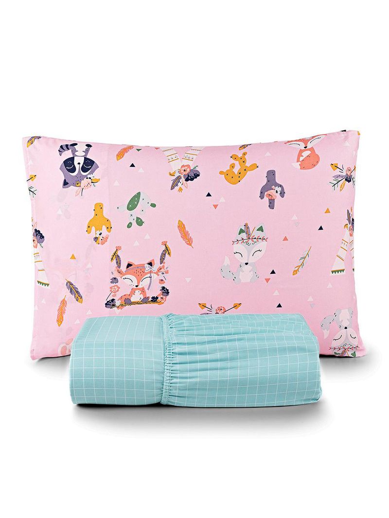 Jogo de cama lençol lutti solteiro infantil 200 fios estampado 2 peças raposa foxy rosa