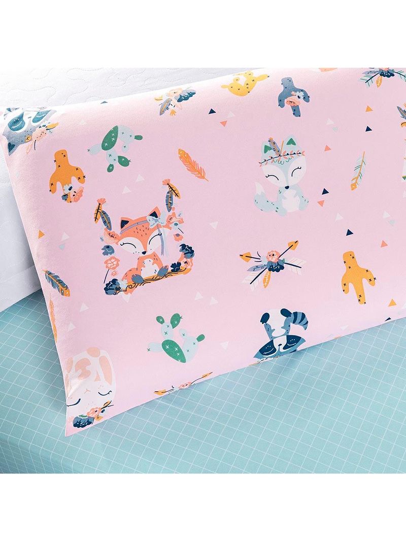 Jogo de cama lençol lutti solteiro infantil 200 fios estampado 2 peças raposa foxy rosa