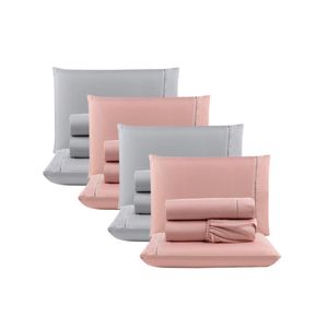 Kit c/ 4 jogos cama lençol unique casal padrão micro percal 400 fios ponto palito 4 peças - rosê + cinza