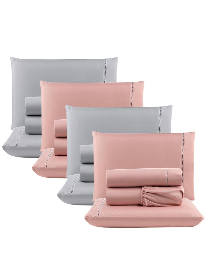 Kit c/ 4 jogos cama lençol unique casal padrão micro percal 400 fios ponto palito 4 peças - rosê + cinza