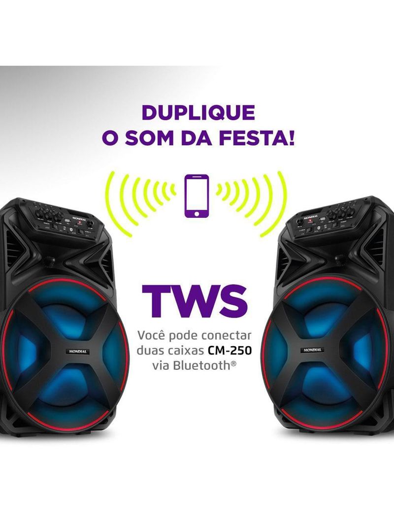 Caixa amplificada mondial connect party plus cm-250 com bluetooth, usb e rádio fm - 250w