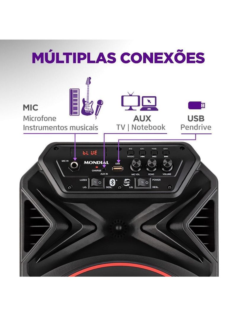 Caixa amplificada mondial connect party plus cm-250 com bluetooth, usb e rádio fm - 250w
