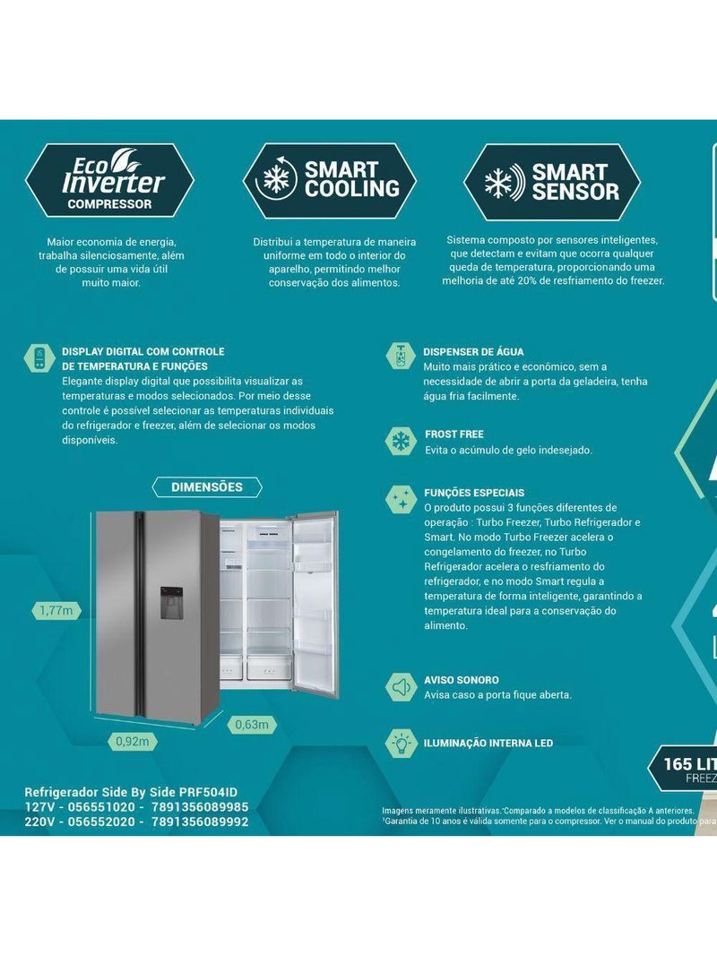 Geladeira Philco Frost Free Inverter Side By Side 486L PRF504ID Inox 220V