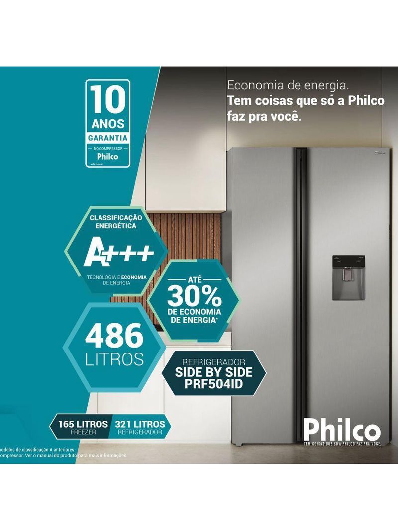 Geladeira Philco Frost Free Inverter Side By Side 486L PRF504ID Inox 220V