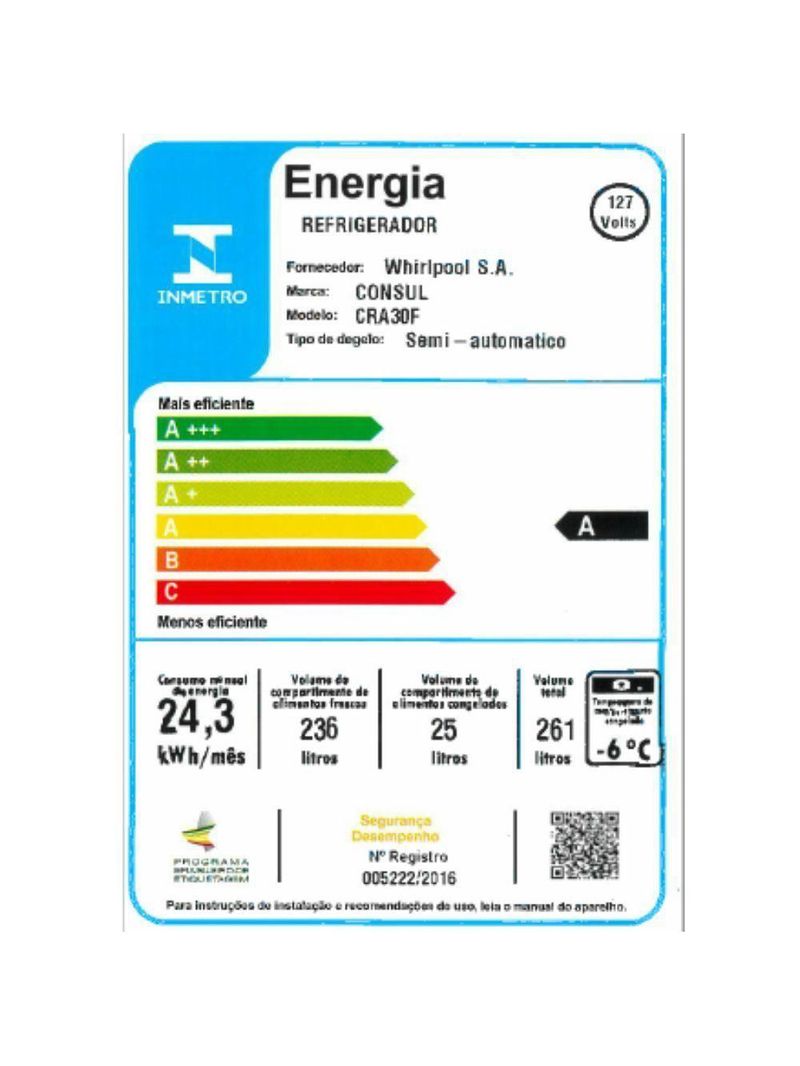 Geladeira Consul Degelo Seco 1 Porta 261L Cra30f Branco 110V