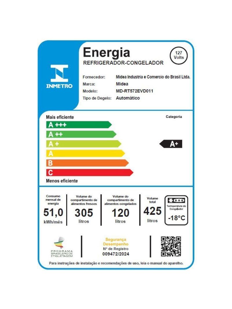 Geladeira Midea Frost Free Duplex 425L RT572EVD Branca 110V