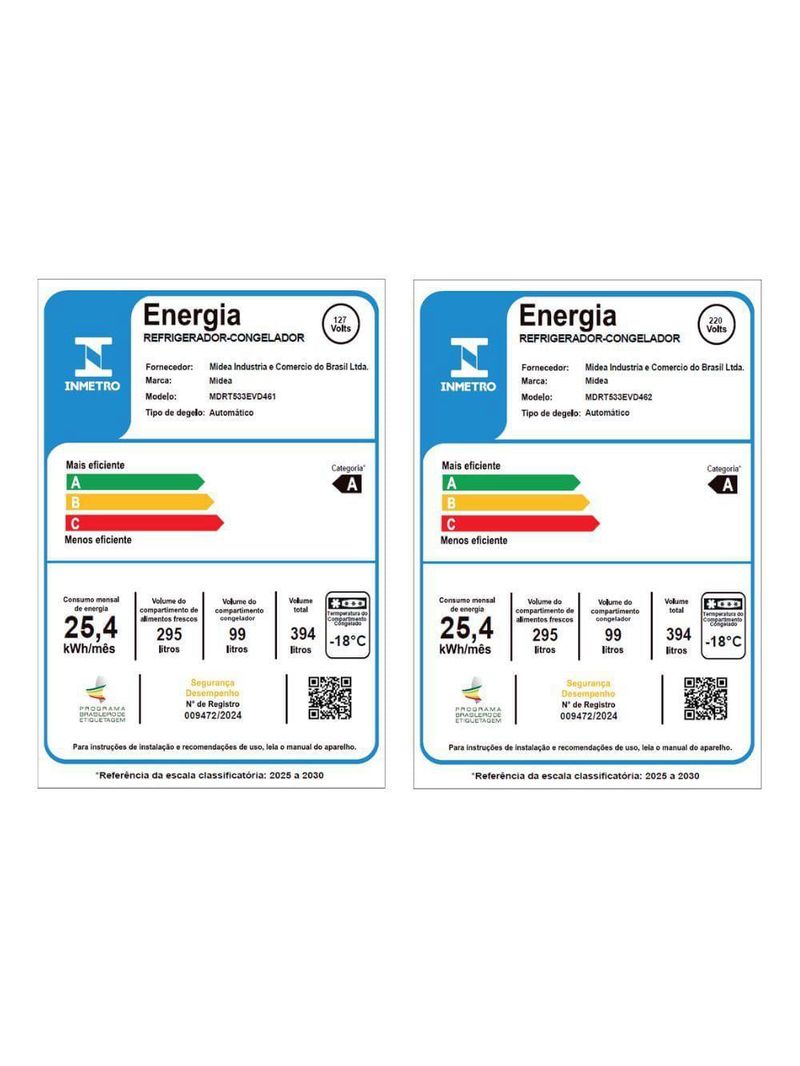Geladeira Frost Free Duplex 394L Inverter Inox Midea MDRT533EVD462 220V