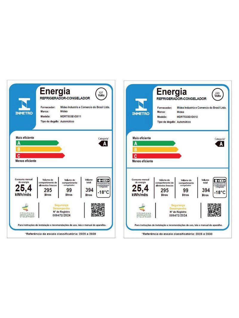 Geladeira Frost Free Duplex 394L Inverter Midea MDRT533EVD012 220V