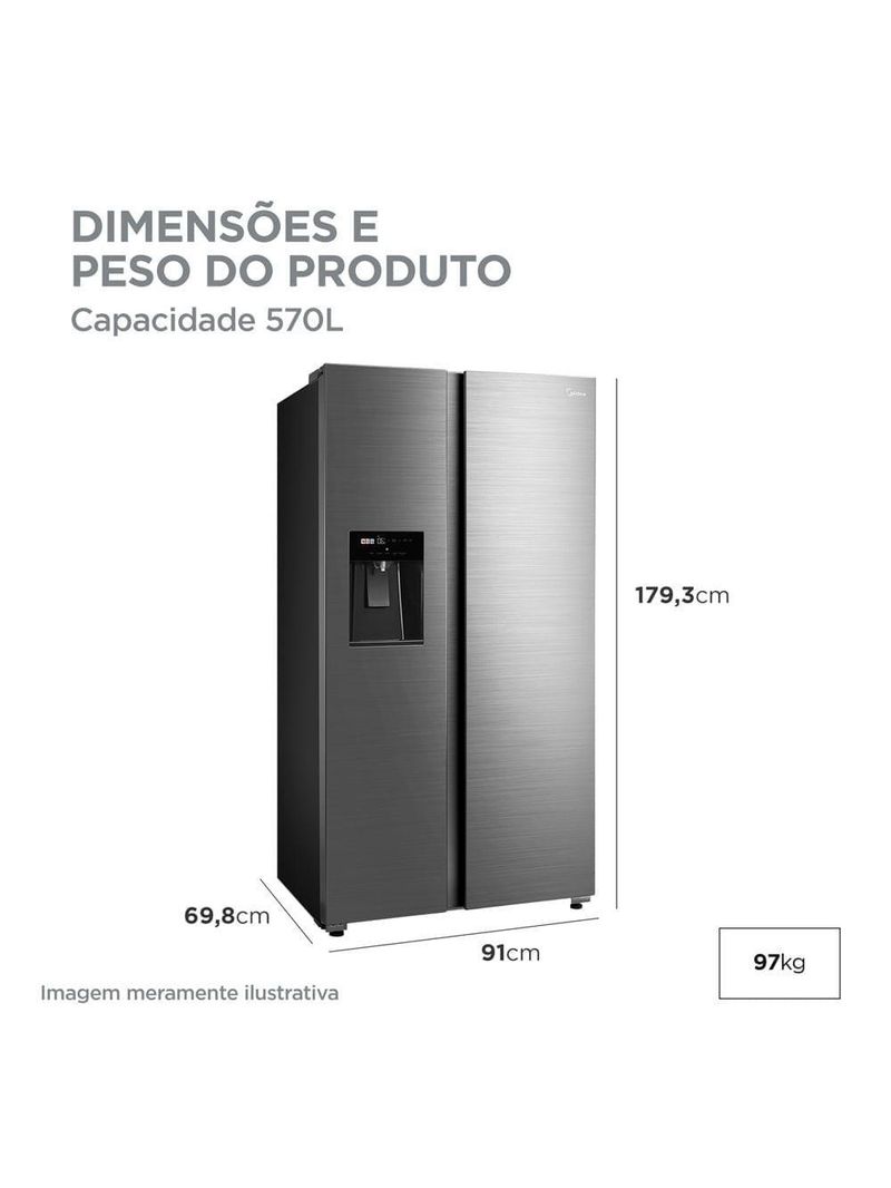 Geladeira Midea Side By Side Dispenser água E Gelo Inverter Inox 570L MDRS761MYD462 220V