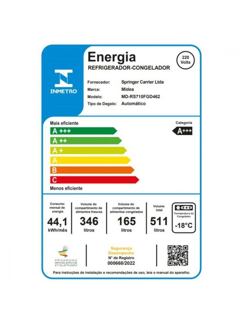 Geladeira Frost Free Side By Side 511L Inverter Smart Midea MD-RS710FGD461 Inox 220V