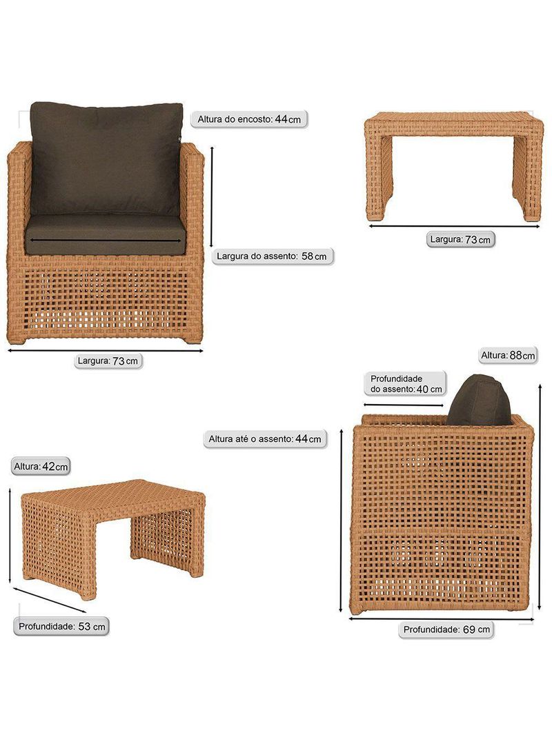 Mesa E 3 Poltronas Madri Corda Náutica Estofado 9 Trama Terra Cota