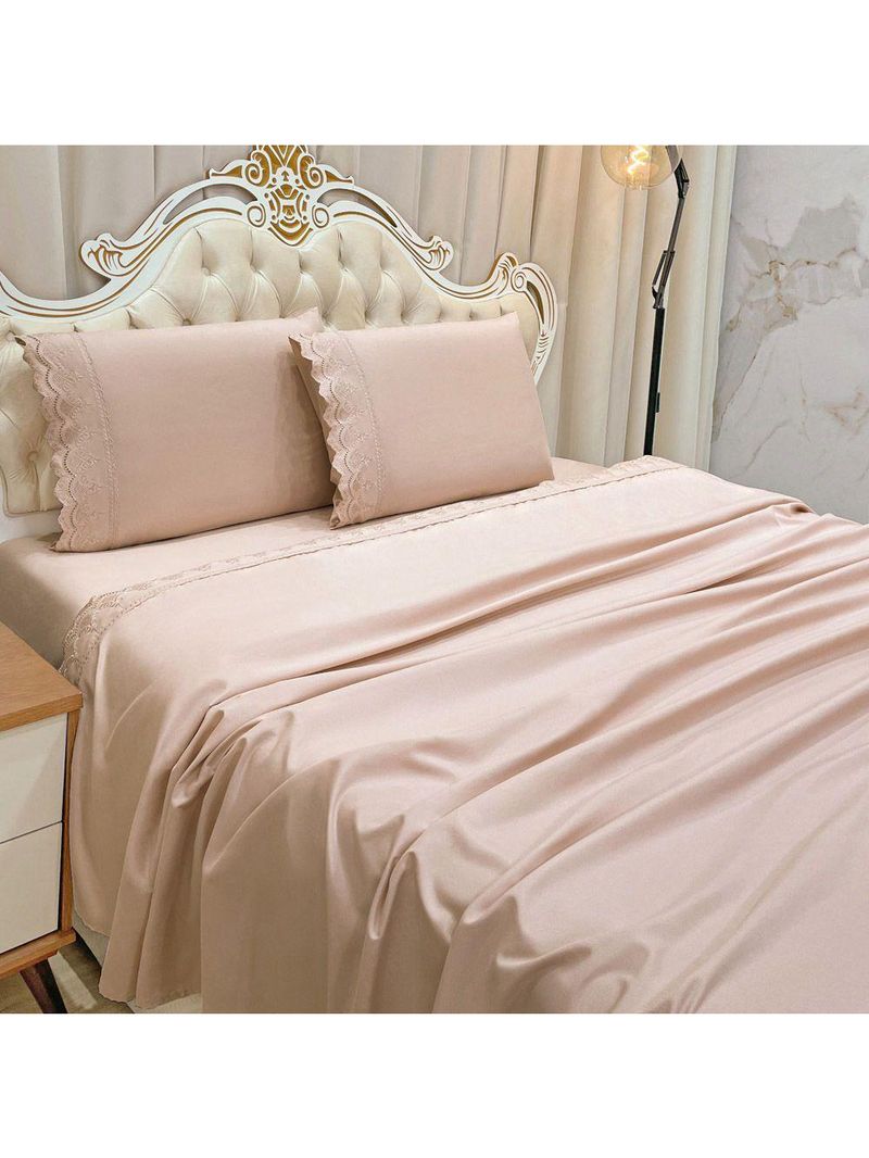 Jogo Cama Lençol Loren Queen Bordado Inglês Micro Percal 300 Fios 4 Peças - Rosê