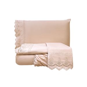 Jogo Cama Lençol Loren Queen Bordado Inglês Micro Percal 300 Fios 4 Peças - Rosê