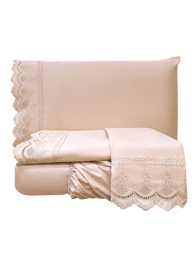 Jogo Cama Lençol Loren Queen Bordado Inglês Micro Percal 300 Fios 4 Peças - Rosê