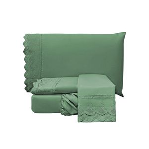 Jogo Cama Lençol Loren Queen Bordado Inglês Micro Percal 300 Fios 4 Peças - Verde Esmeralda