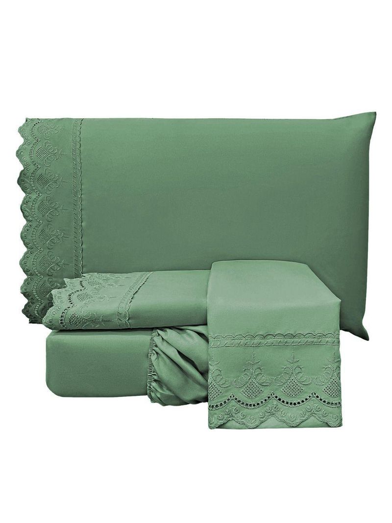 Jogo Cama Lençol Loren Queen Bordado Inglês Micro Percal 300 Fios 4 Peças - Verde Esmeralda