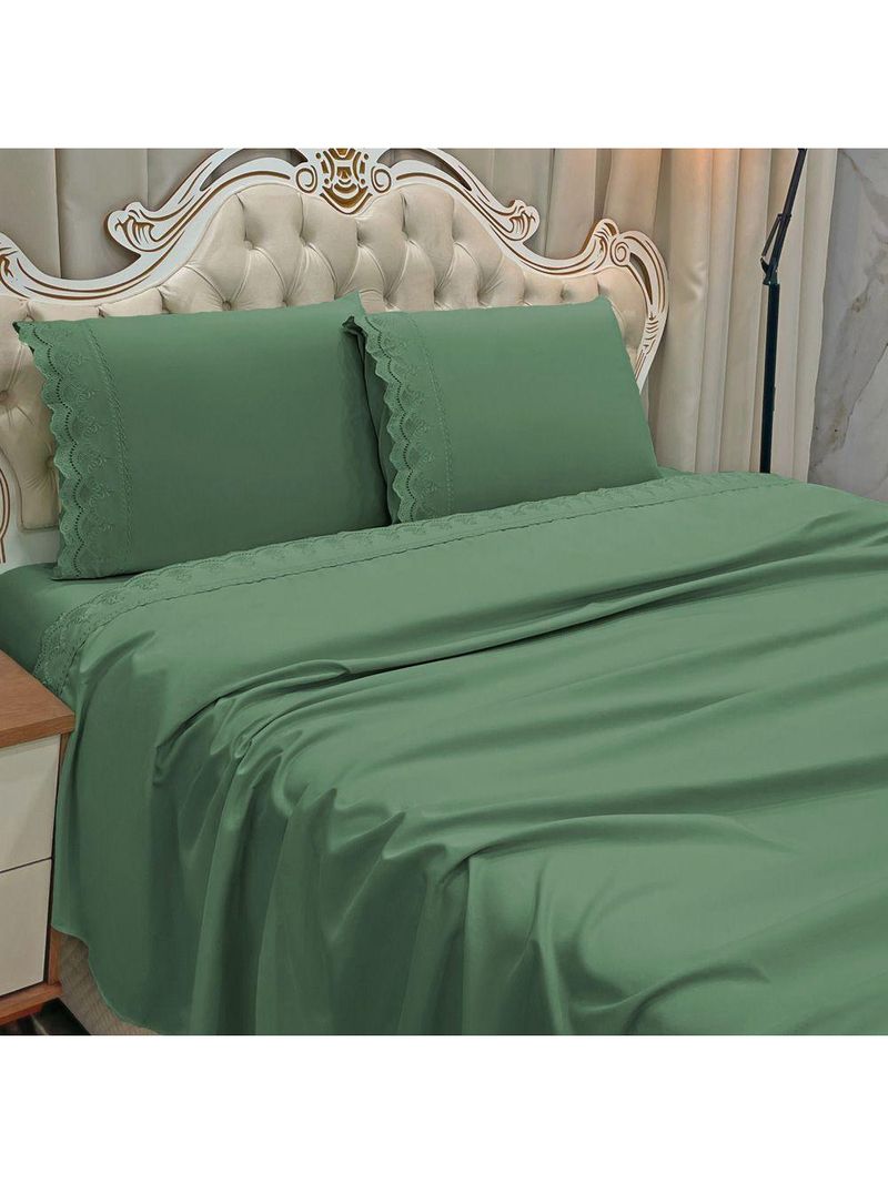 Jogo Cama Lençol Loren Queen Bordado Inglês Micro Percal 300 Fios 4 Peças - Verde Esmeralda