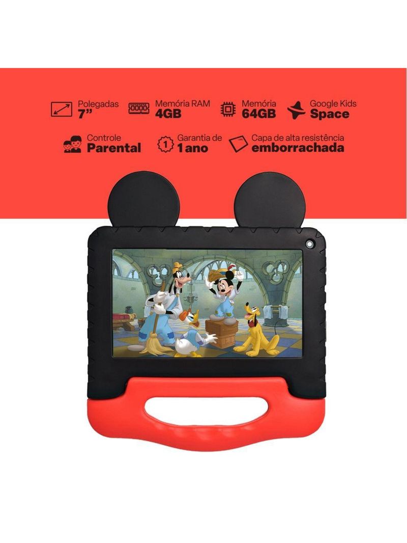 Tablet infantil mickey com controle parental 4gb ram + 64gb + 7 pol + case + wi-fi + android 13 + quad core multi - nb413