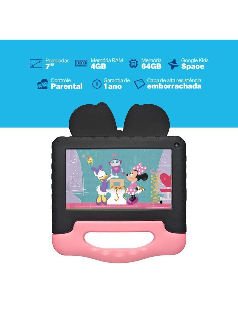 Tablet infantil minnie com controle parental 4gb ram + 64gb + tela 7 pol + case + wi-fi + android 13 + quad core multi - nb414