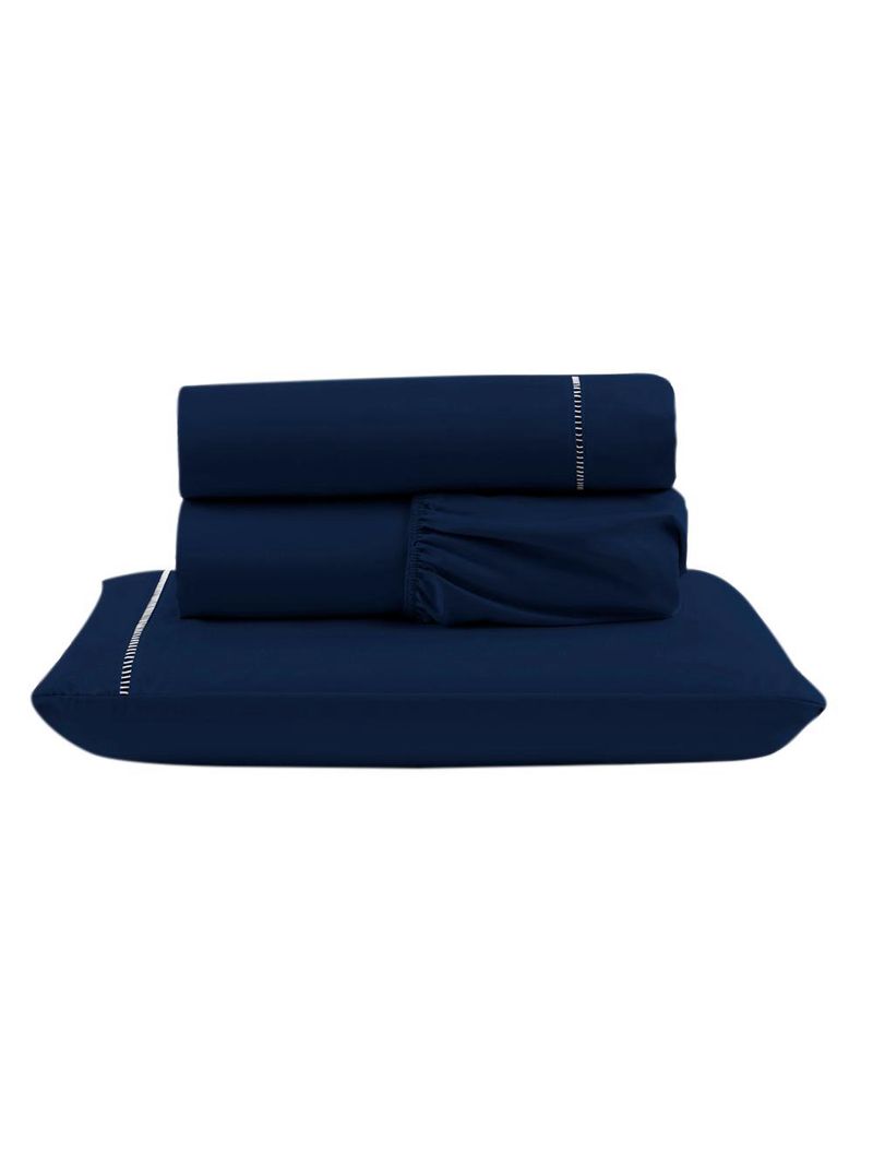 Jogo cama lençol unique solteiro micro percal 400 fios ponto palito 3 peças - azul marinho