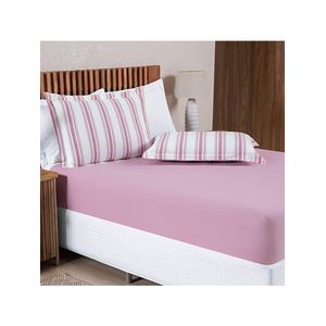 Jogo Cama Lençol Daily King Malha 100% Algodão Listrado 3 Peças - Rosê