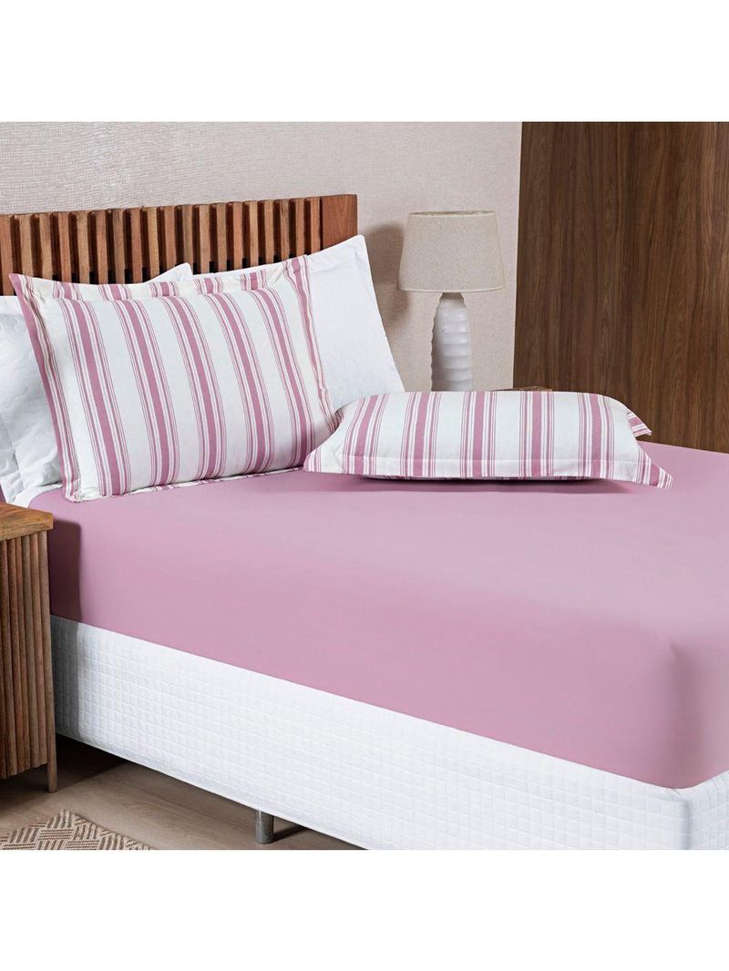Jogo Cama Lençol Daily King Malha 100% Algodão Listrado 3 Peças - Rosê