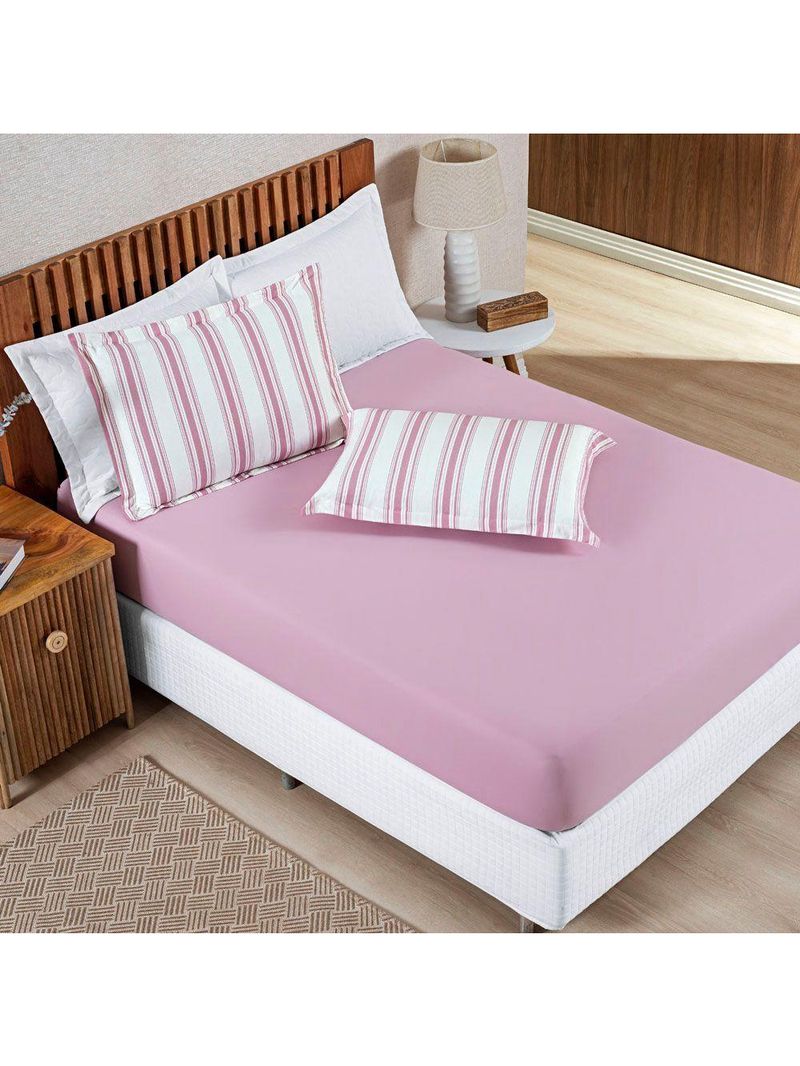 Jogo Cama Lençol Daily King Malha 100% Algodão Listrado 3 Peças - Rosê