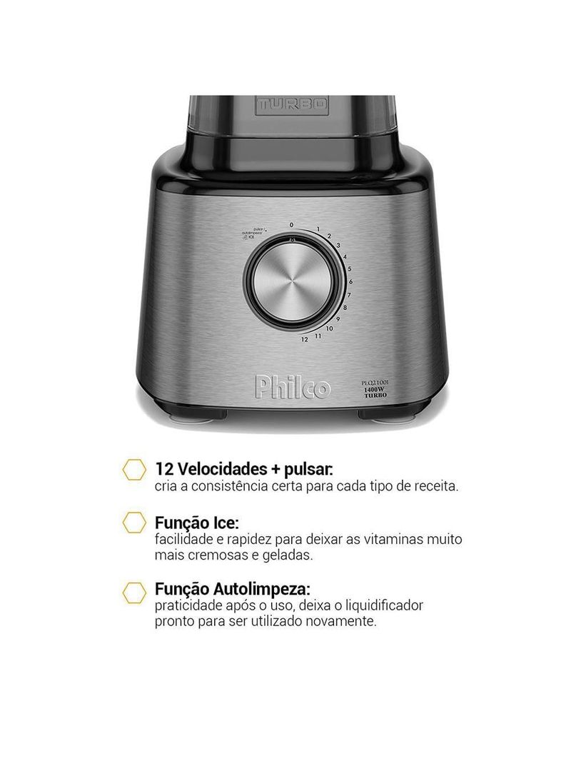 Liquidificador philco plq2100pi turbo preto 1400w com 12 velocidades - preto/inox