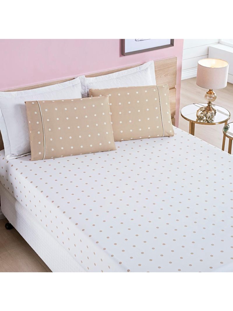 Jogo cama lençol meggy poá king bolinhas micropercal 200 fios 3 peças - bege