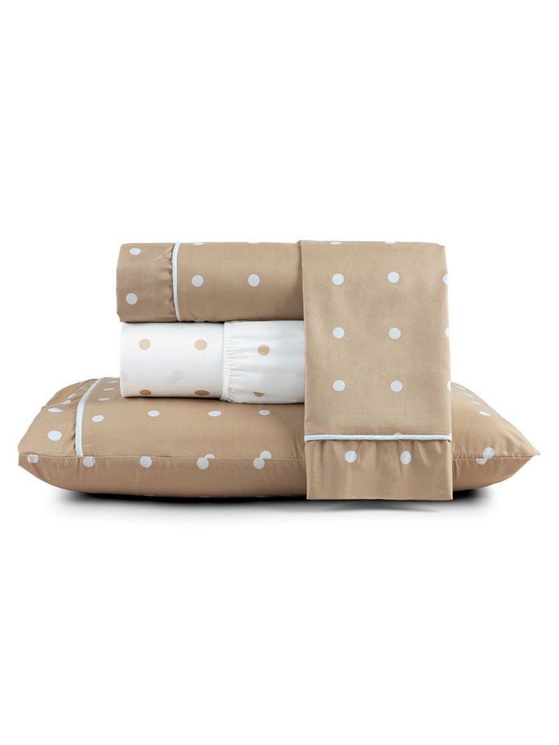 Jogo cama lençol meggy poá queen bolinhas micropercal 200 fios 4 peças - bege