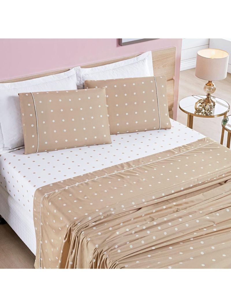 Jogo cama lençol meggy poá queen bolinhas micropercal 200 fios 4 peças - bege