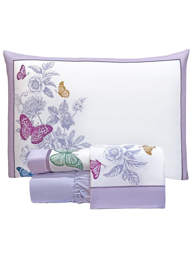 Jogo cama lençol santorini queen estampapd percal 300 fios 4 peças borboletas lilás