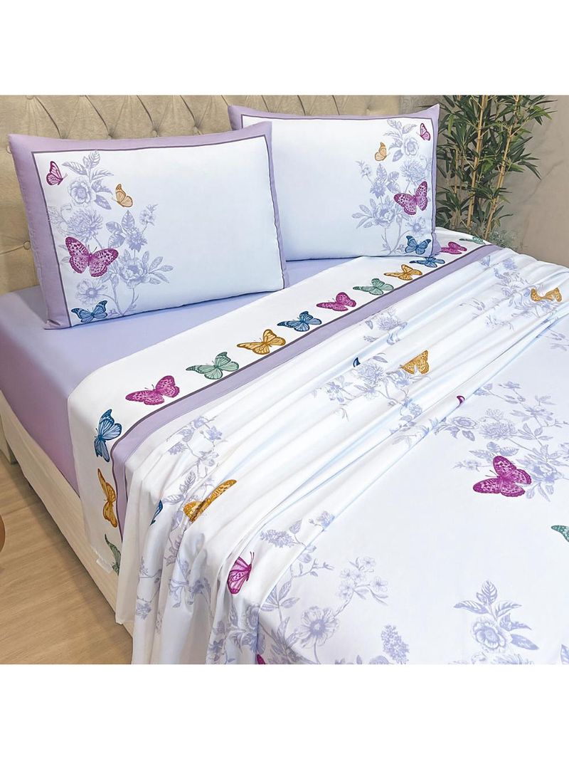 Jogo cama lençol santorini queen estampapd percal 300 fios 4 peças borboletas lilás