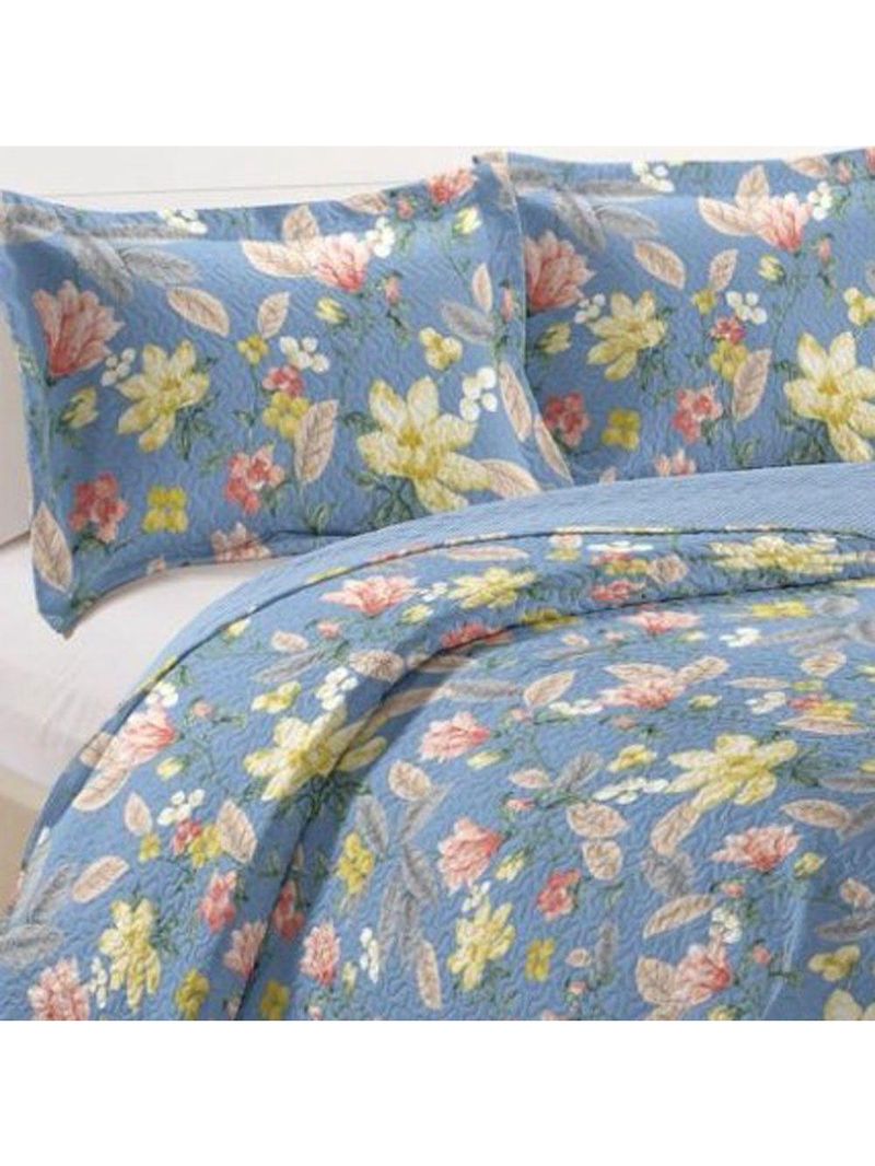 Kit Cobre Leito Colcha Mix King Estampado Dupla Face Floral 3 Peças - Leona