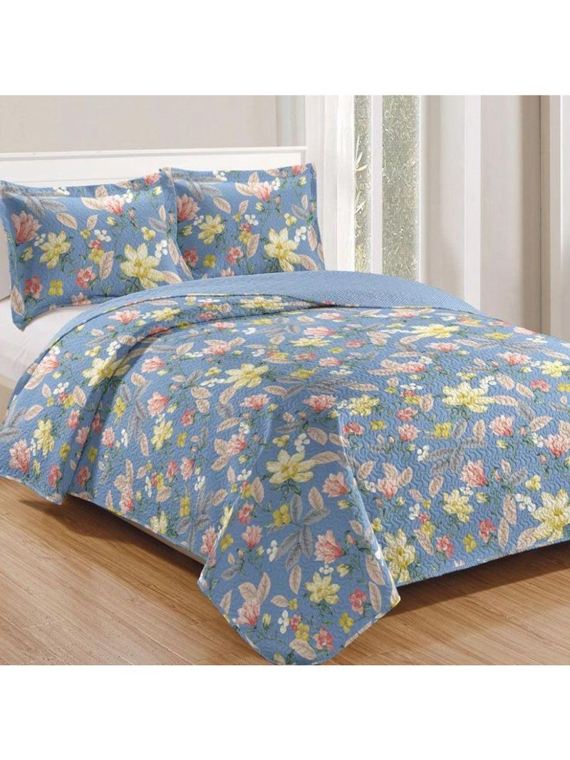 Kit Cobre Leito Colcha Mix King Estampado Dupla Face Floral 3 Peças - Leona