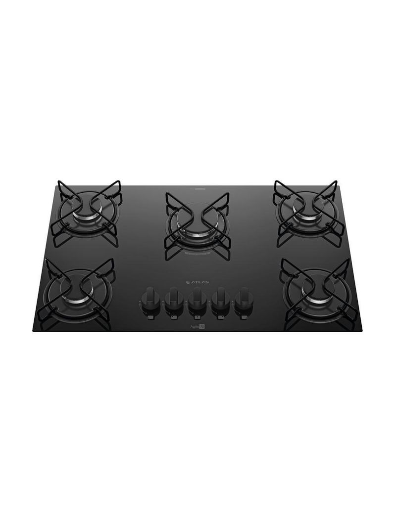 Cooktop 5 Bocas Preto Mesa De Vidro Atlas Agile Up Mega Chama Bivolt