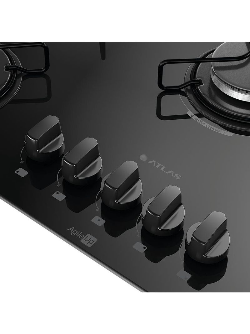 Cooktop 5 Bocas Preto Mesa De Vidro Atlas Agile Up Mega Chama Bivolt