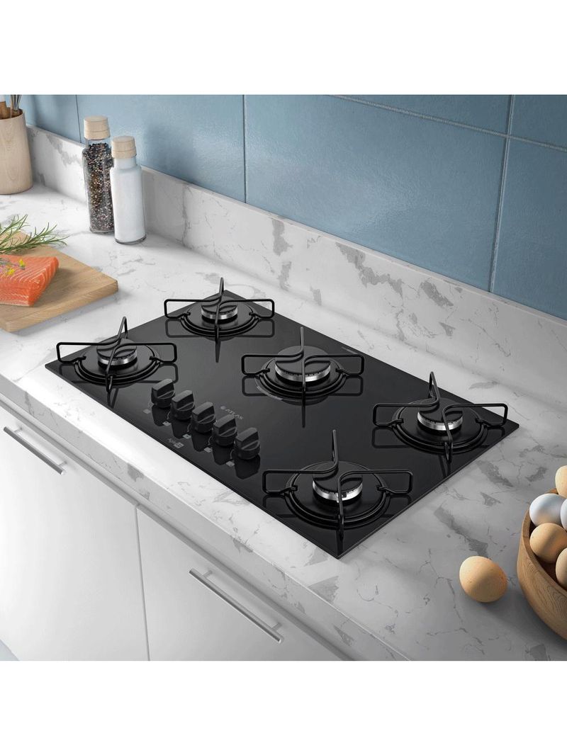 Cooktop 5 Bocas Preto Mesa De Vidro Atlas Agile Up Mega Chama Bivolt