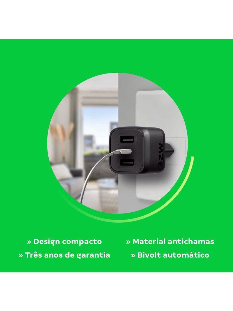 Carregador Ultrarrápido 32w C- 3 Portas Usb 2 Usb-a + 1 Usb