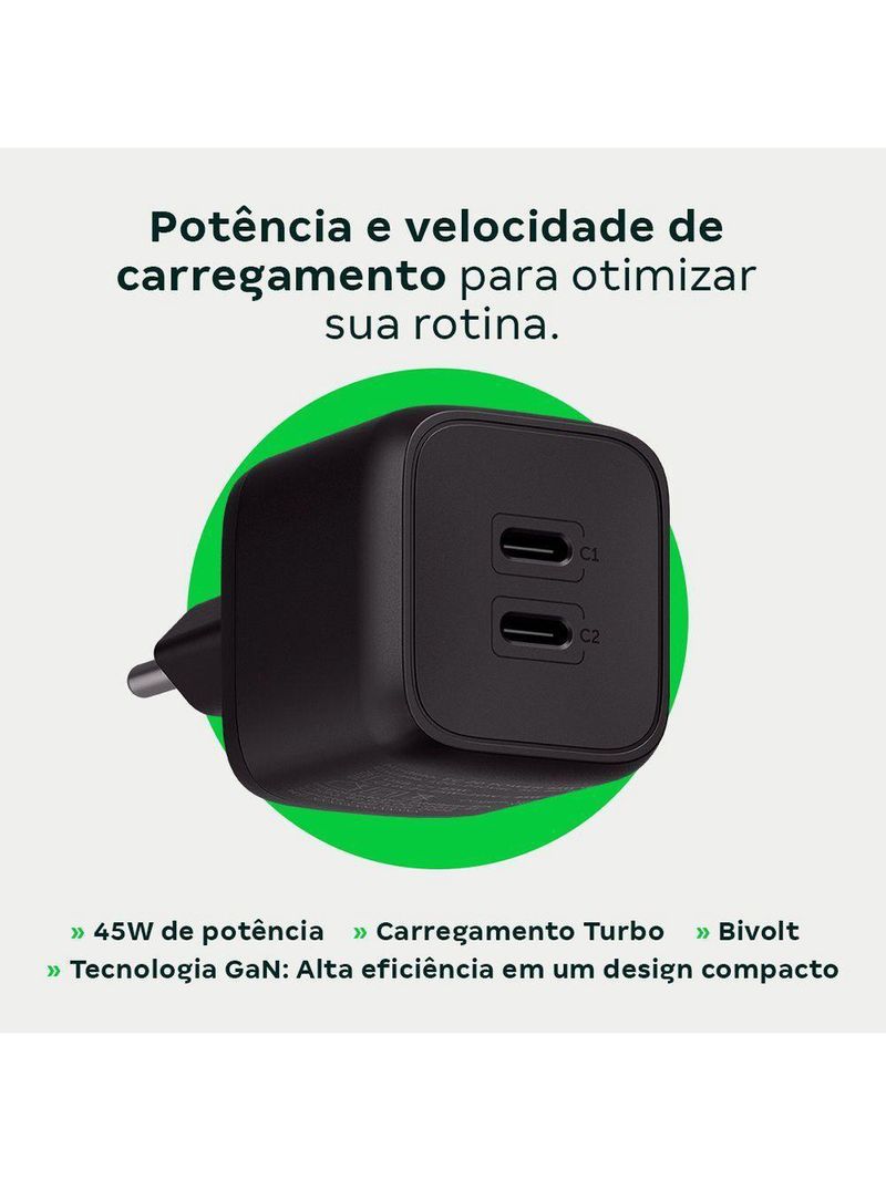 Carregador Ultrarrápido 45w Com 2 Portas Usb-c Gan Ec20 4820