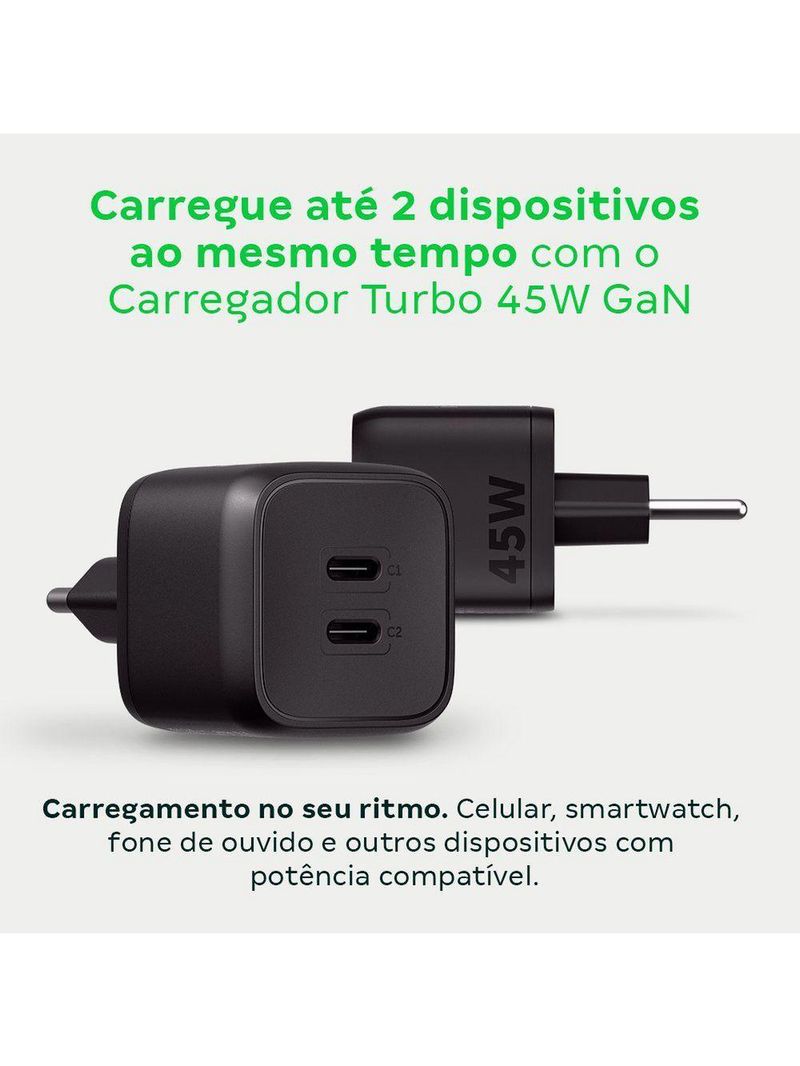 Carregador Ultrarrápido 45w Com 2 Portas Usb-c Gan Ec20 4820