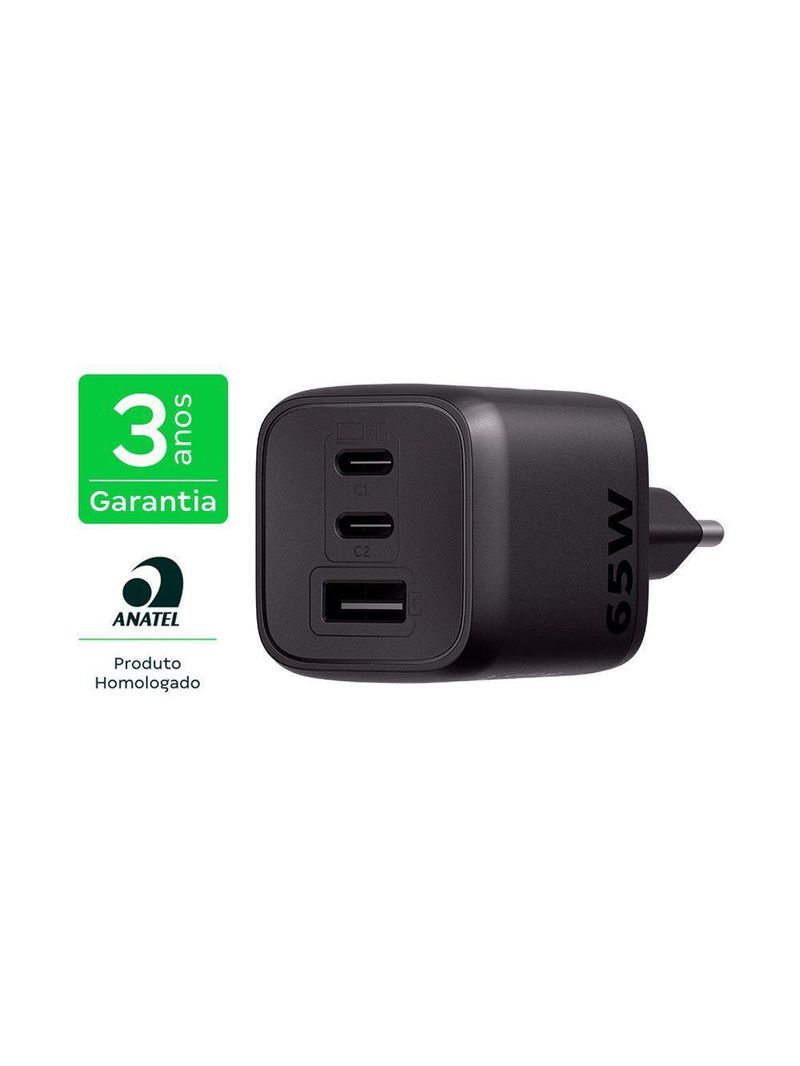 Carregador Ultrarrápido 65w Com 3 Portas Usb 1 Usb-a + 2 Us